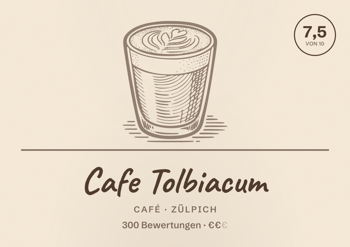 Illustriertes Poster von Cafe Tolbiacum, Café in Zülpich: Bewertung 7,5 von 10 aus 300 Bewertungen, Preisniveau €€