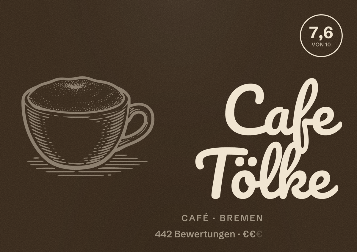 Illustriertes Poster von Cafe Tölke, Café in Bremen: Bewertung 7,6 von 10 aus 442 Bewertungen, Preisniveau €€