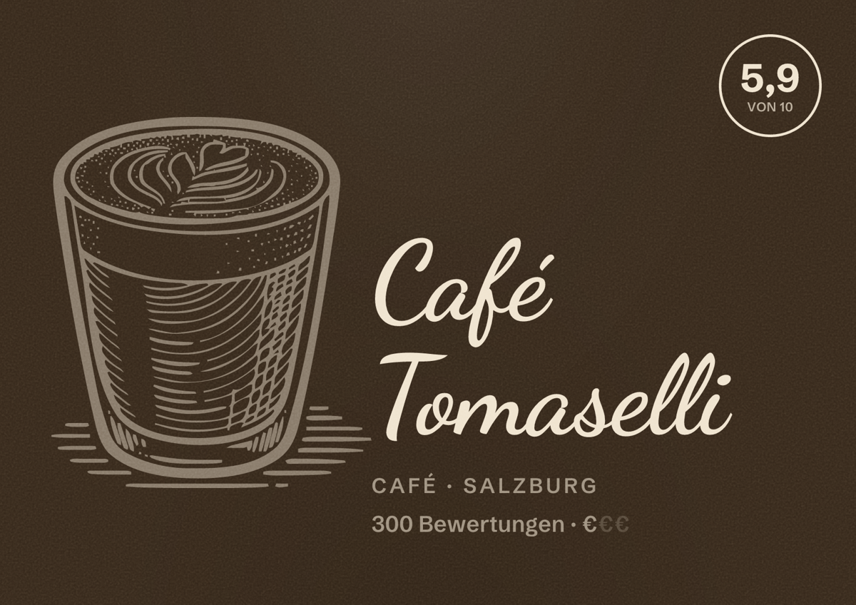 Illustriertes Poster von Café Tomaselli, Café in Salzburg: Bewertung 5,9 von 10 aus 300 Bewertungen, Preisniveau €