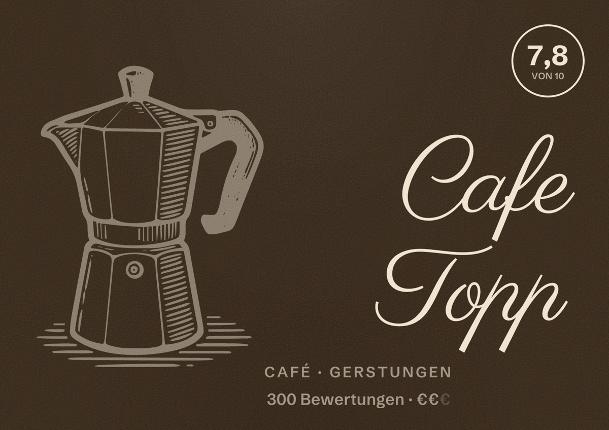Illustriertes Poster von Cafe Topp, Café in Gerstungen: Bewertung 7,8 von 10 aus 300 Bewertungen, Preisniveau €€