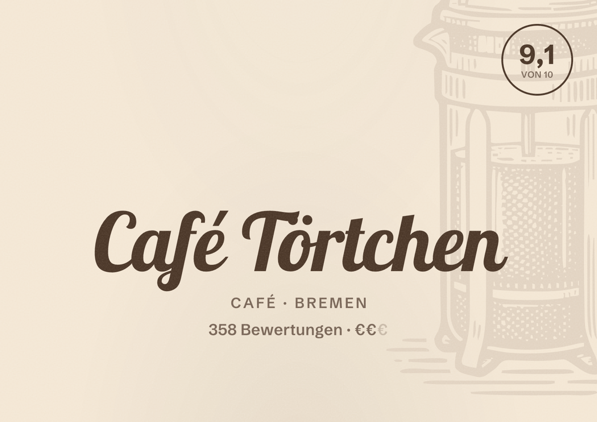 Illustriertes Poster von Café Törtchen, Café in Bremen: Bewertung 9,1 von 10 aus 358 Bewertungen, Preisniveau €€