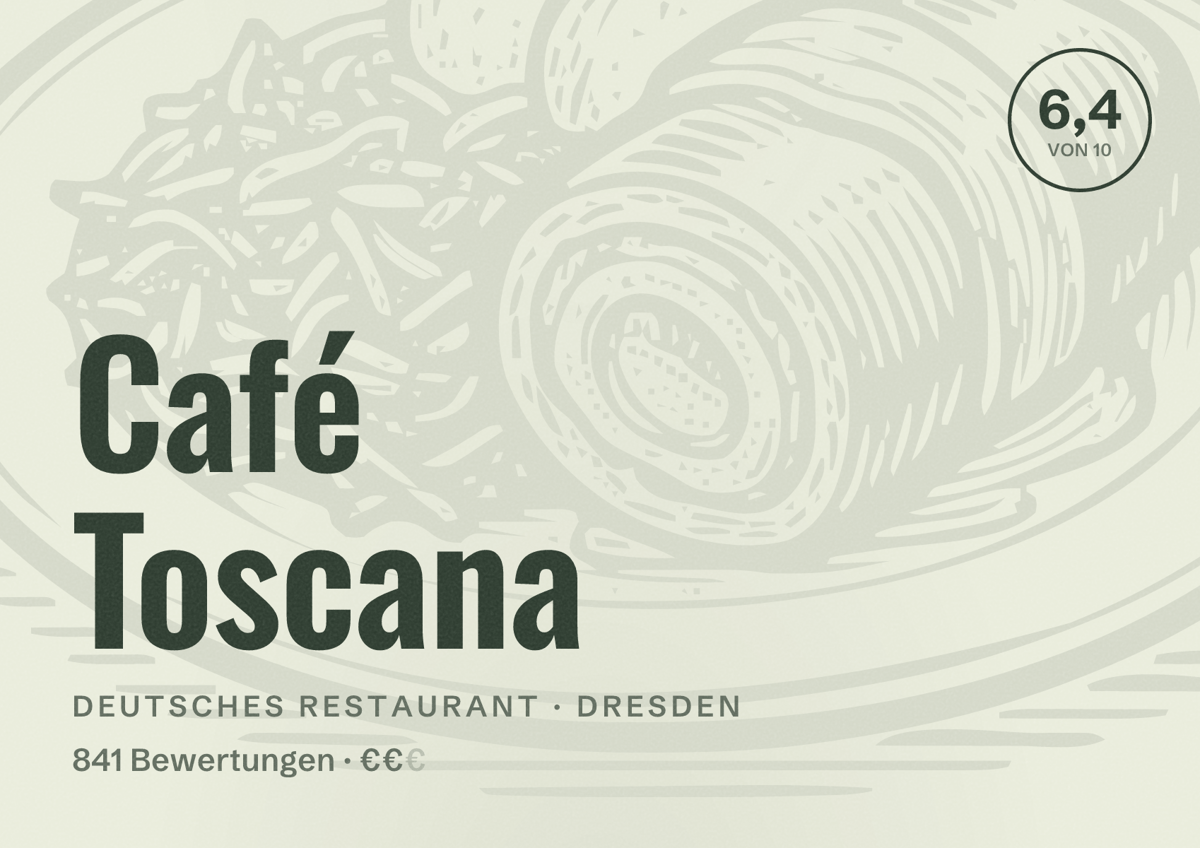 Illustriertes Poster von Café Toscana, Deutsches Restaurant in Dresden: Bewertung 6,4 von 10 aus 841 Bewertungen, Preisniveau €€