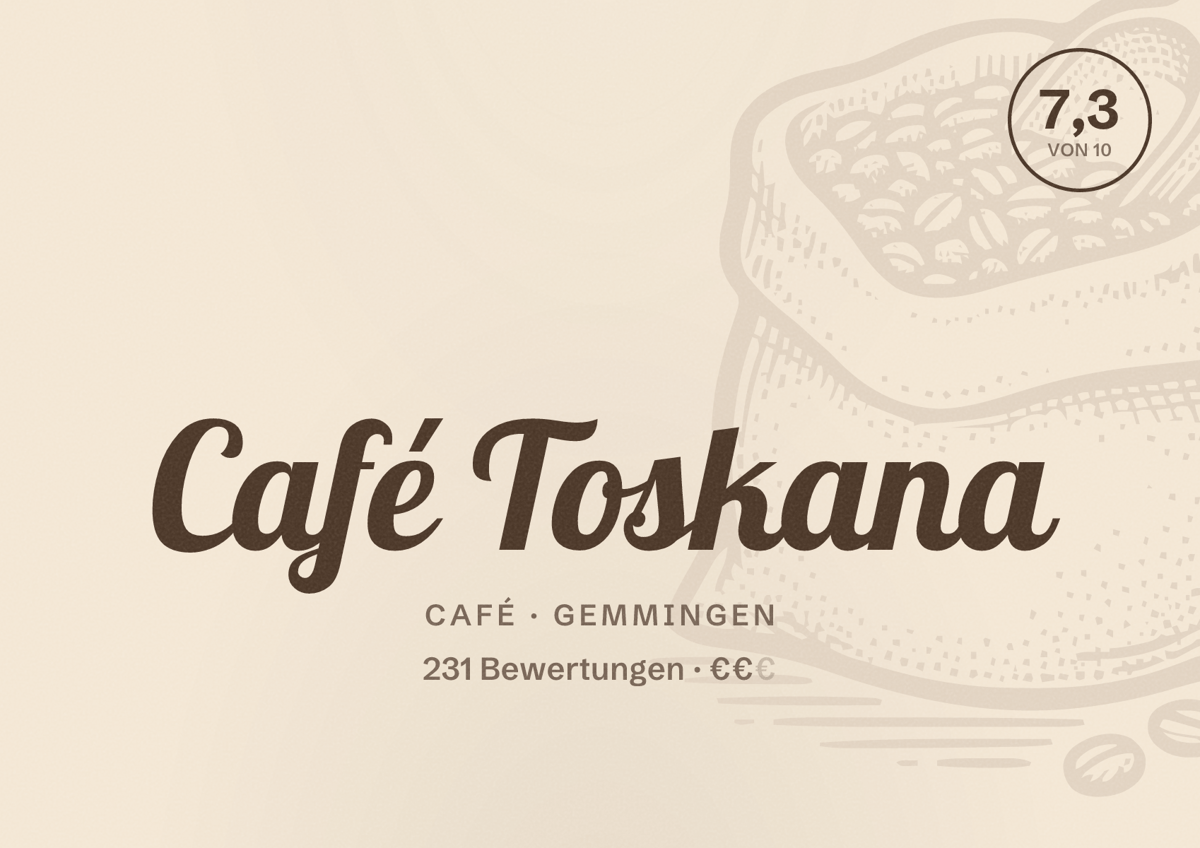 Illustriertes Poster von Café Toskana, Café in Gemmingen: Bewertung 7,3 von 10 aus 231 Bewertungen, Preisniveau €€