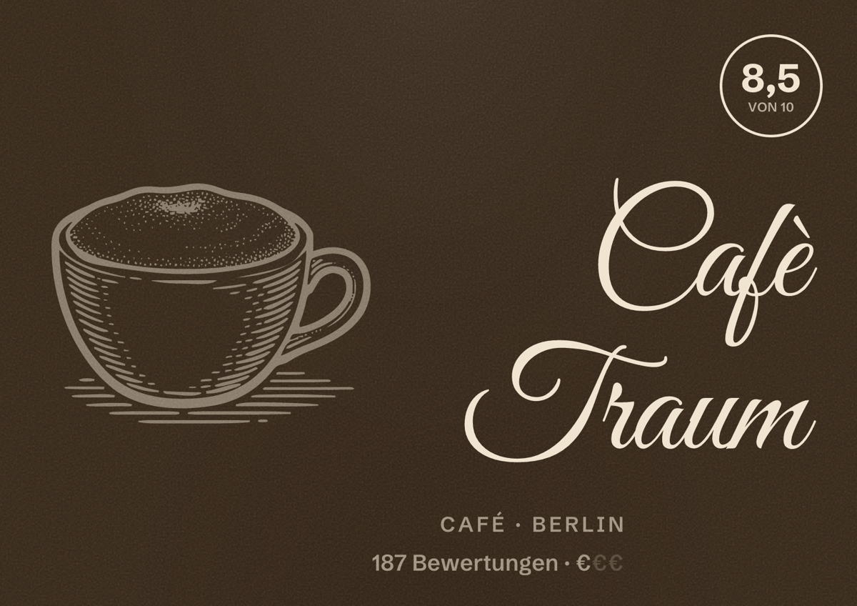 Illustriertes Poster von Cafè Traum, Café in Berlin: Bewertung 8,5 von 10 aus 187 Bewertungen, Preisniveau €