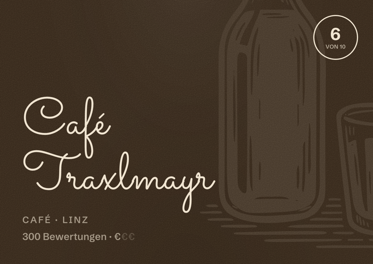 Illustriertes Poster von Café Traxlmayr, Café in Linz: Bewertung 6 von 10 aus 300 Bewertungen, Preisniveau €