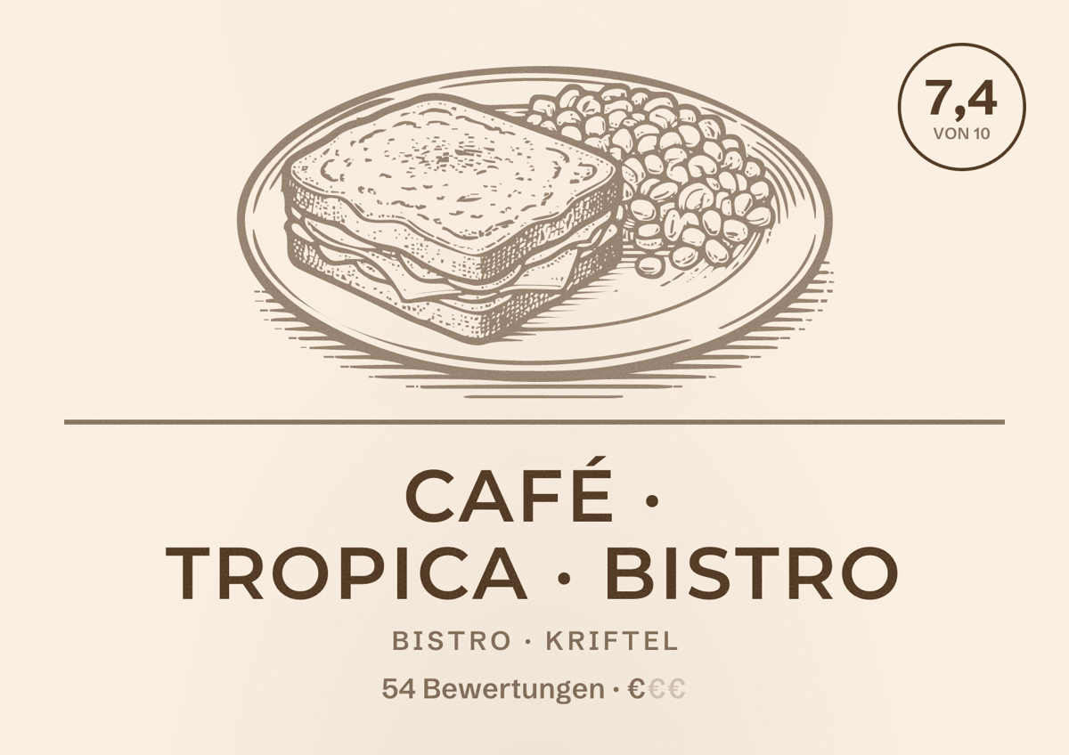Illustriertes Poster von CAFé · TROPICA · BISTRO, Bistro in Kriftel: Bewertung 7,4 von 10 aus 54 Bewertungen, Preisniveau €