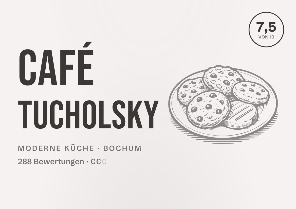 Illustriertes Poster von Café Tucholsky, Moderne Küche in Bochum: Bewertung 7,5 von 10 aus 288 Bewertungen, Preisniveau €€