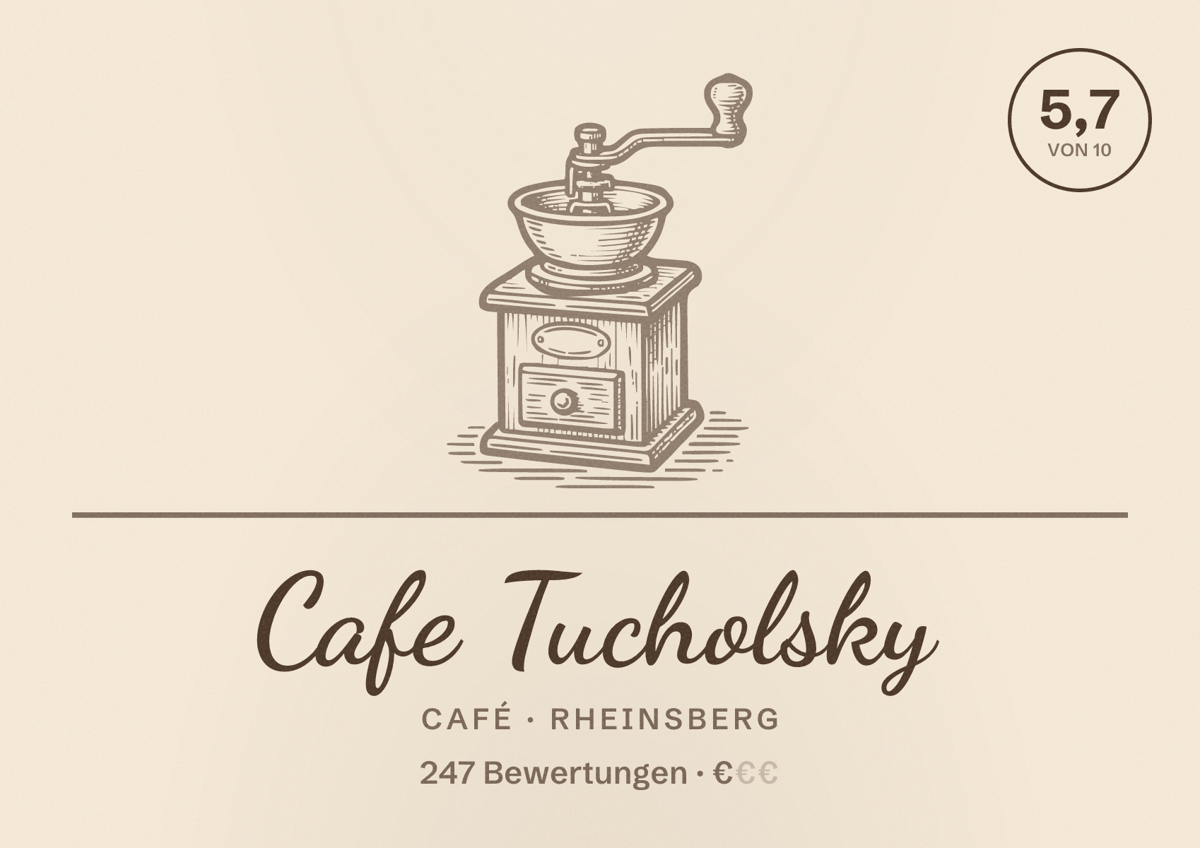 Illustriertes Poster von Cafe Tucholsky, Café in Rheinsberg: Bewertung 5,7 von 10 aus 247 Bewertungen, Preisniveau €