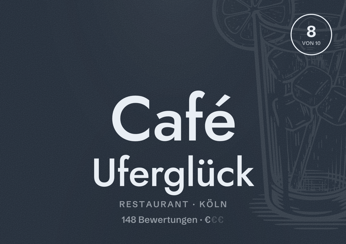 Illustriertes Poster von Café Uferglück, Restaurant in Köln: Bewertung 8,0 von 10 aus 148 Bewertungen, Preisniveau €