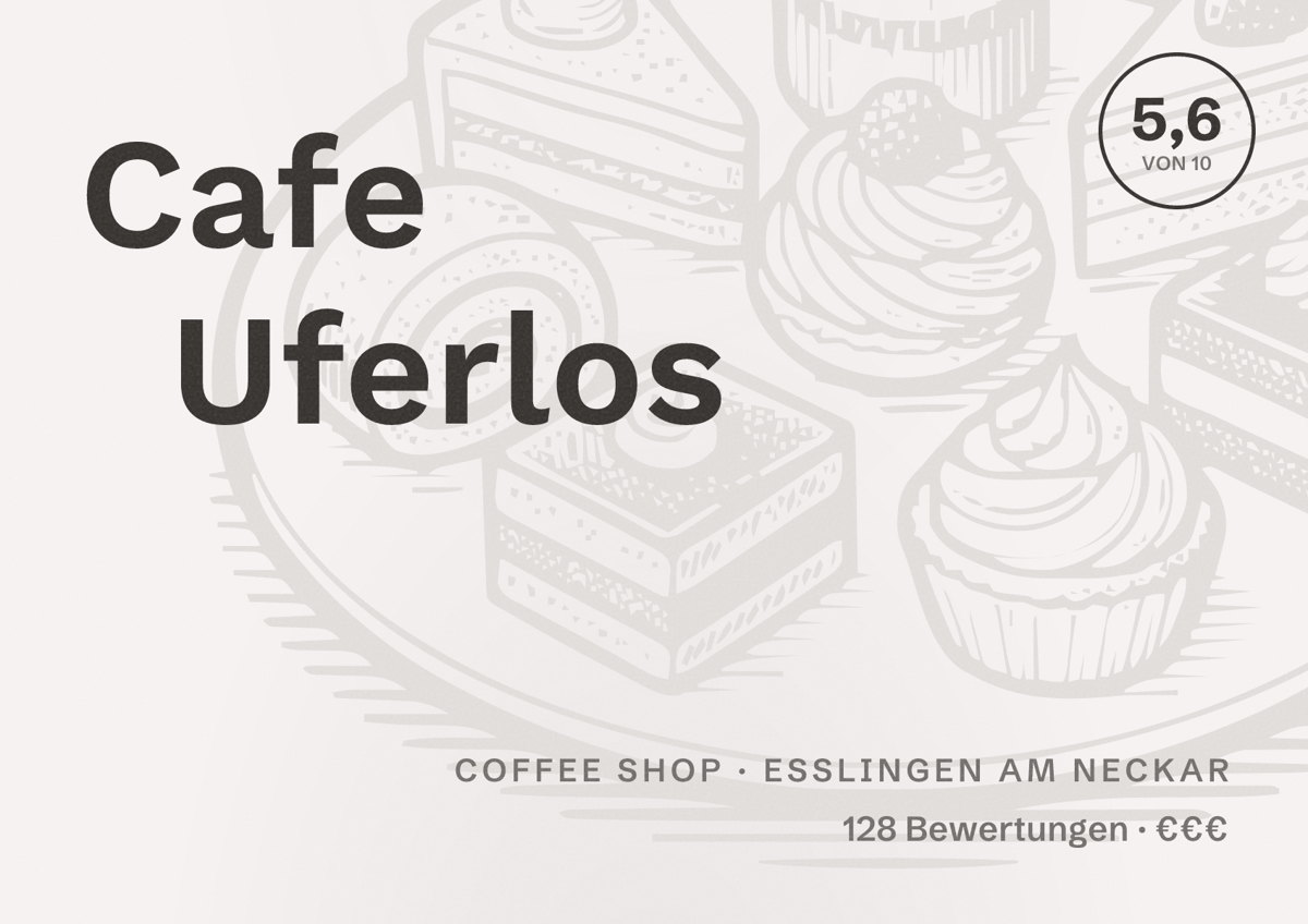 Illustriertes Poster von Cafe Uferlos, Coffee Shop in Esslingen am Neckar: Bewertung 5,6 von 10 aus 128 Bewertungen, Preisniveau €€€