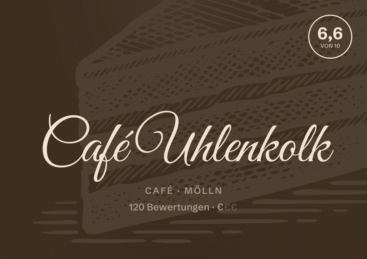 Illustriertes Poster von Café Uhlenkolk, Café in Mölln: Bewertung 6,6 von 10 aus 120 Bewertungen, Preisniveau €