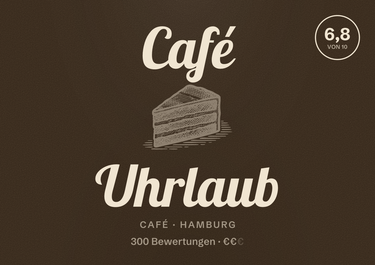 Illustriertes Poster von Café Uhrlaub, Café in Hamburg: Bewertung 6,8 von 10 aus 300 Bewertungen, Preisniveau €€