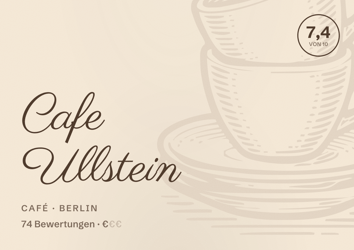 Illustriertes Poster von Cafe Ullstein, Café in Berlin: Bewertung 7,4 von 10 aus 74 Bewertungen, Preisniveau €