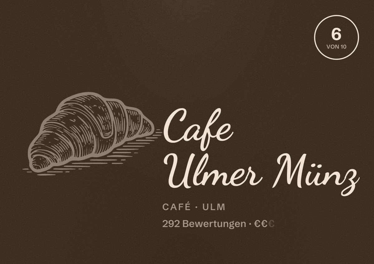 Illustriertes Poster von Cafe Ulmer Münz, Café in Ulm: Bewertung 6 von 10 aus 292 Bewertungen, Preisniveau €€
