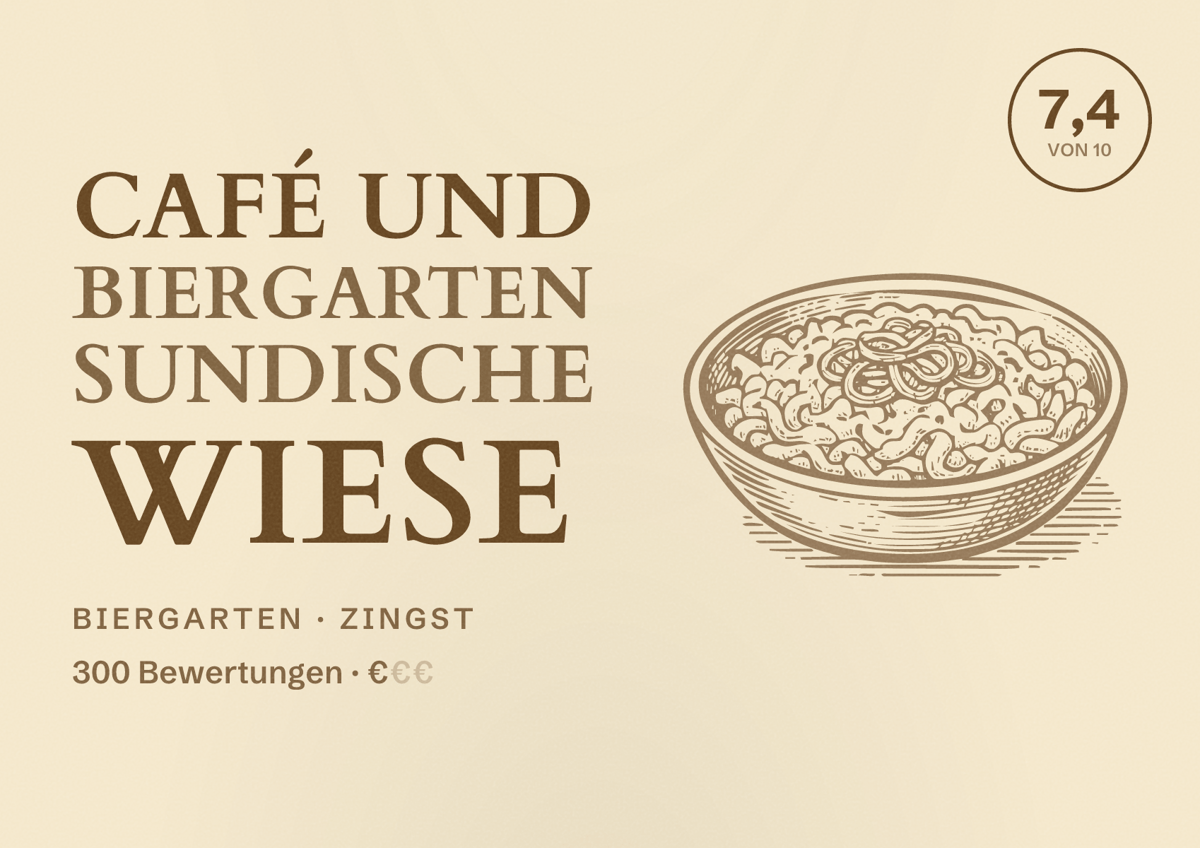 Illustriertes Poster von Café und Biergarten Sundische Wiese, Biergarten in Zingst: Bewertung 7,4 von 10 aus 300 Bewertungen, Preisniveau €