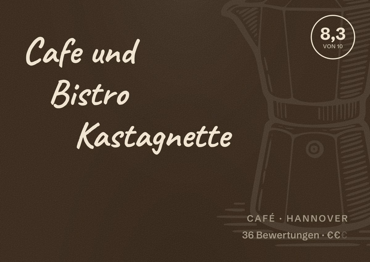 Illustriertes Poster von Cafe und Bistro Kastagnette, Café in Hannover: Bewertung 8,3 von 10 aus 36 Bewertungen, Preisniveau €€