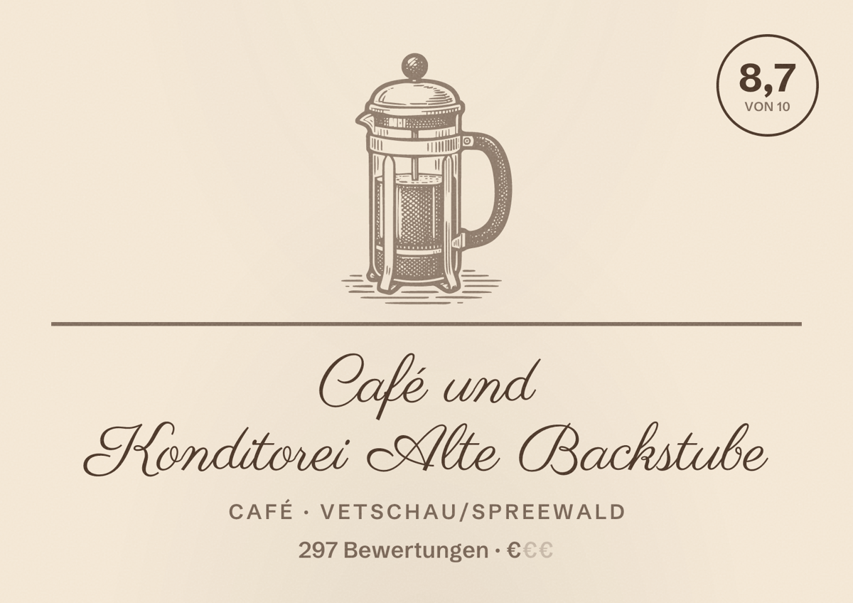 Illustriertes Poster von Café und Konditorei Alte Backstube, Café in Vetschau/Spreewald: Bewertung 8,7 von 10 aus 297 Bewertungen, Preisniveau €