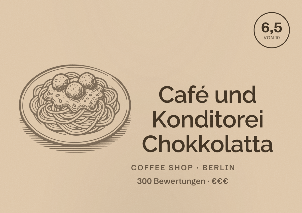 Illustriertes Poster von Café und Konditorei Chokkolatta, Coffee Shop in Berlin: Bewertung 6,5 von 10 aus 300 Bewertungen, Preisniveau €€€