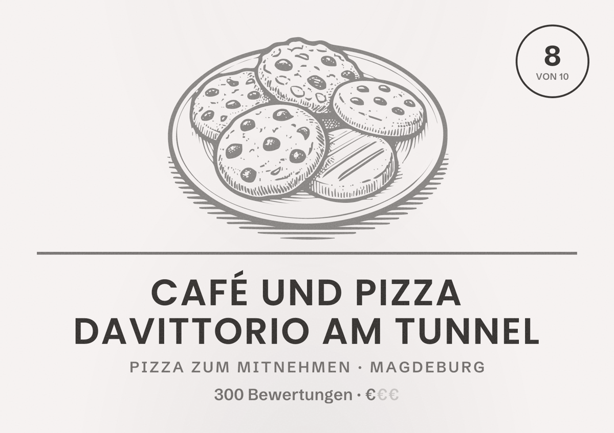 Illustriertes Poster von Café und Pizza DaVittorio Am Tunnel, Pizza zum Mitnehmen in Magdeburg: Bewertung 8,0 von 10 aus 300 Bewertungen, Preisniveau €