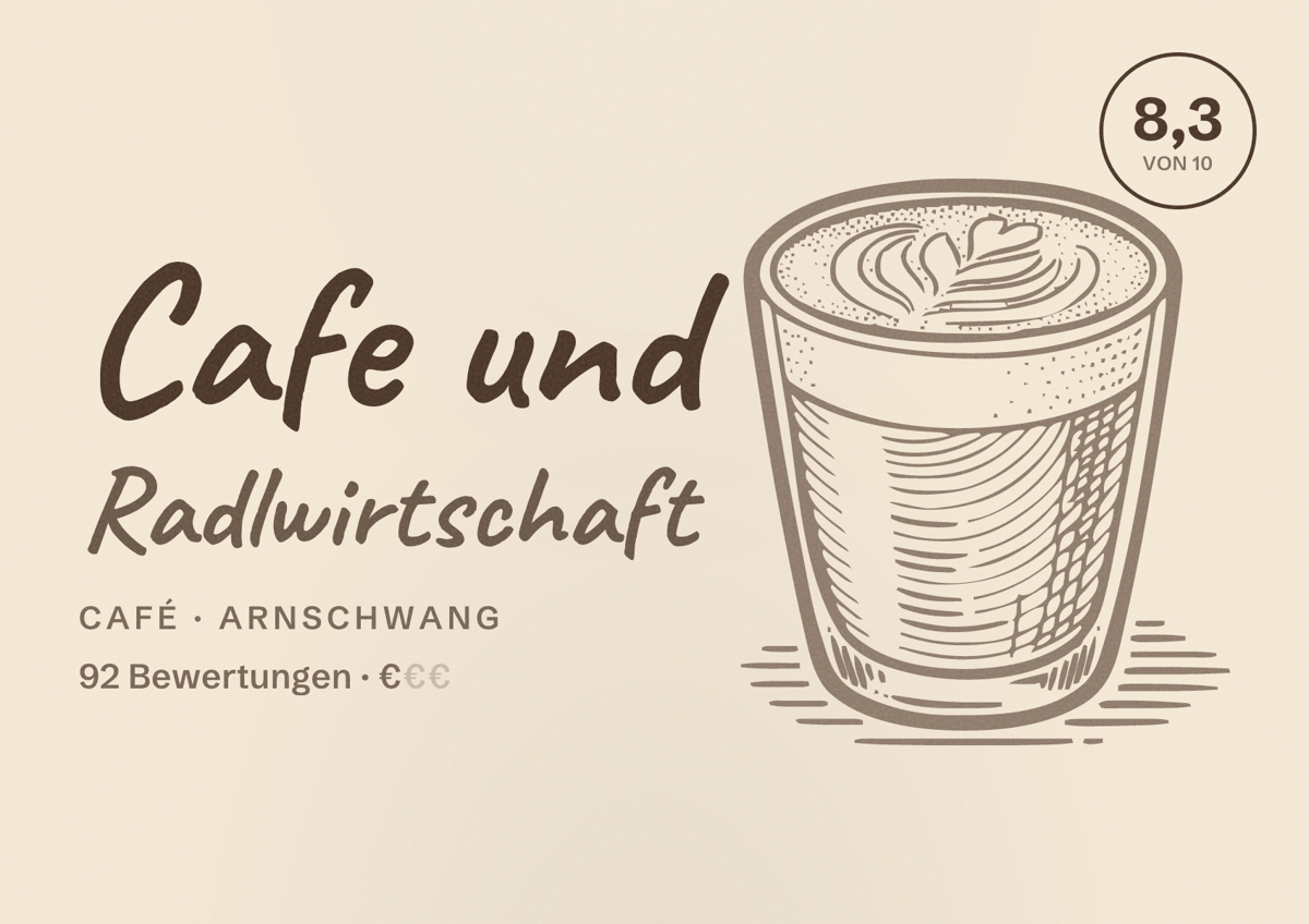 Illustriertes Poster von Cafe und Radlwirtschaft, Café in Arnschwang: Bewertung 8,3 von 10 aus 92 Bewertungen, Preisniveau €