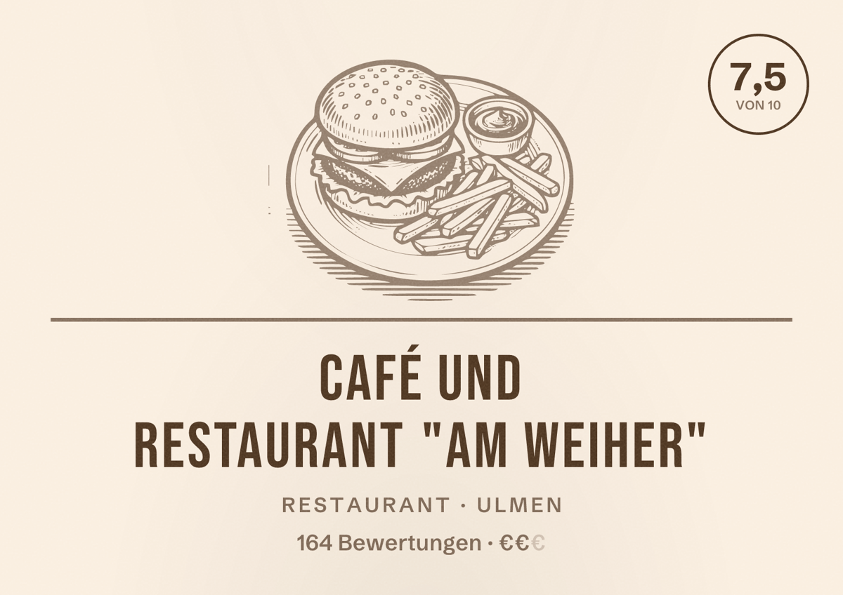 Illustriertes Poster von Café und Restaurant "Am Weiher", Restaurant in Ulmen: Bewertung 7,5 von 10 aus 164 Bewertungen, Preisniveau €€
