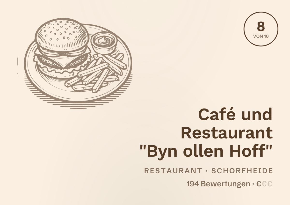 Illustriertes Poster von Café und Restaurant "Byn ollen Hoff", Restaurant in Schorfheide: Bewertung 8 von 10 aus 194 Bewertungen, Preisniveau €