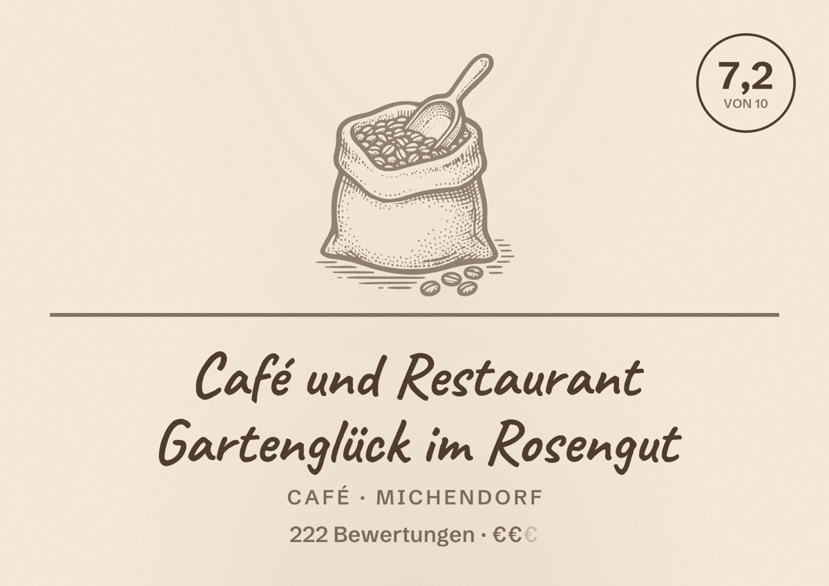 Illustriertes Poster von Café und Restaurant Gartenglück im Rosengut, Café in Michendorf: Bewertung 7,2 von 10 aus 222 Bewertungen, Preisniveau €€
