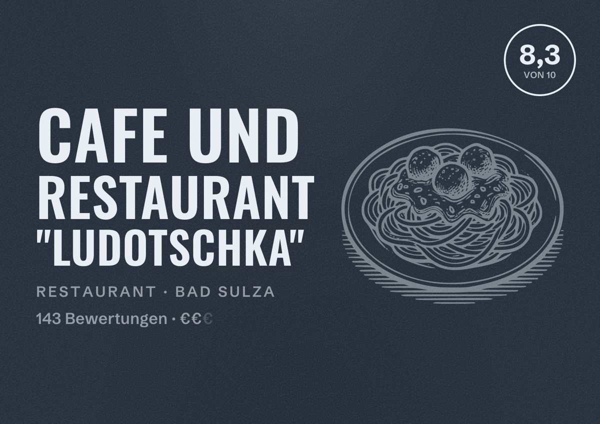 Illustriertes Poster von Cafe und Restaurant "Ludotschka", Restaurant in Bad Sulza: Bewertung 8,3 von 10 aus 143 Bewertungen, Preisniveau €€