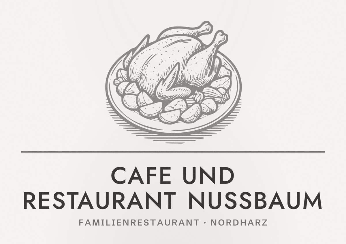 Illustriertes Poster von Cafe und Restaurant Nußbaum, Familienrestaurant in Nordharz