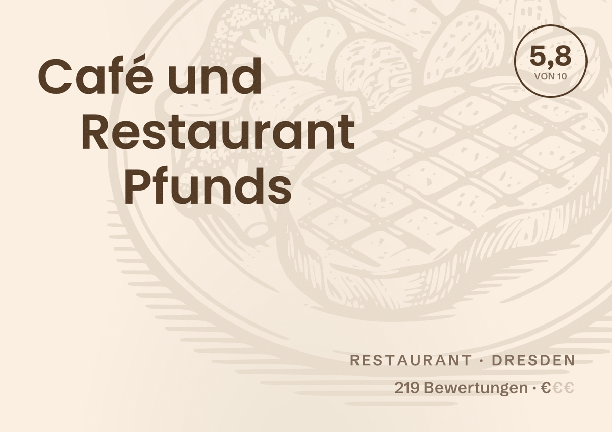 Illustriertes Poster von Café und Restaurant Pfunds, Restaurant in Dresden: Bewertung 5,8 von 10 aus 219 Bewertungen, Preisniveau €
