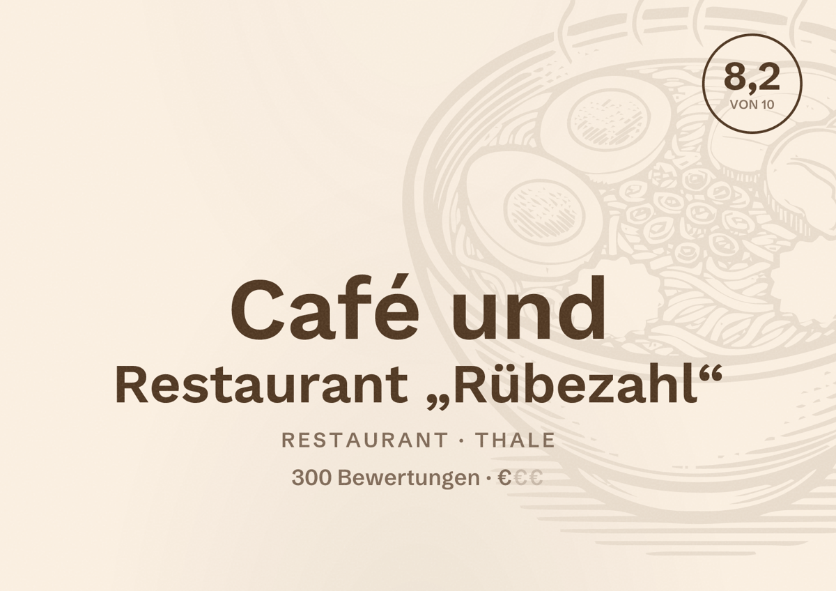 Illustriertes Poster von Café und Restaurant „Rübezahl“, Restaurant in Thale: Bewertung 8,2 von 10 aus 300 Bewertungen, Preisniveau €