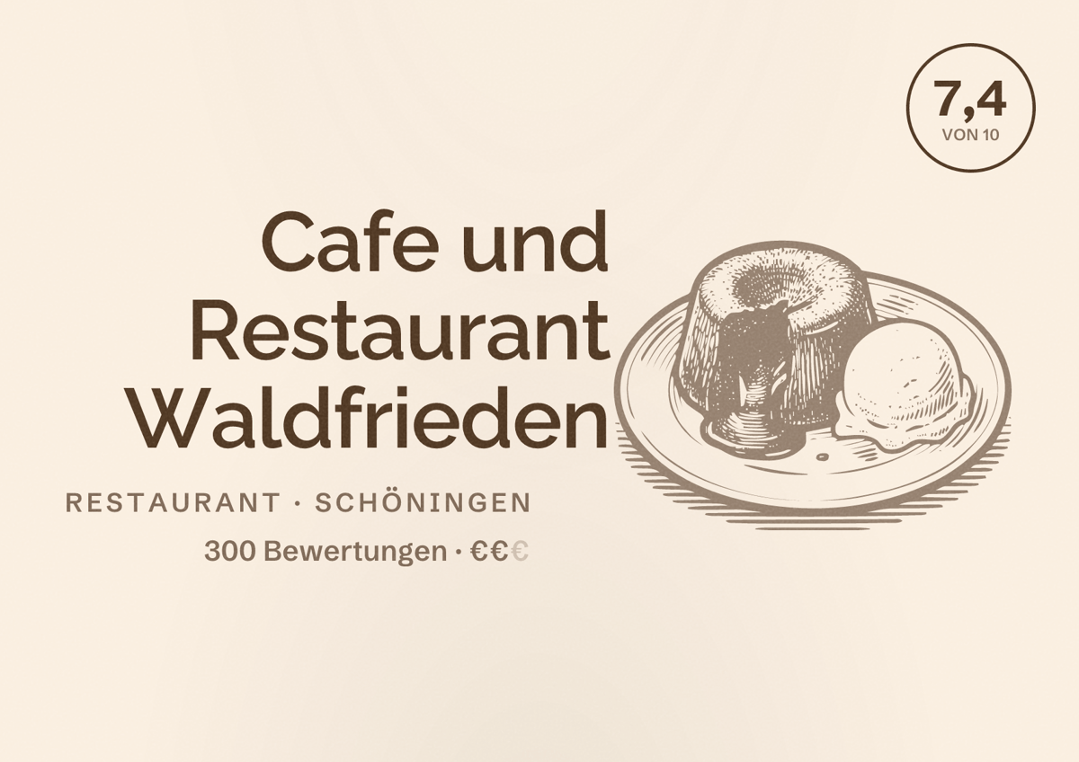 Illustriertes Poster von Cafe und Restaurant Waldfrieden, Restaurant in Schöningen: Bewertung 7,4 von 10 aus 300 Bewertungen, Preisniveau €€