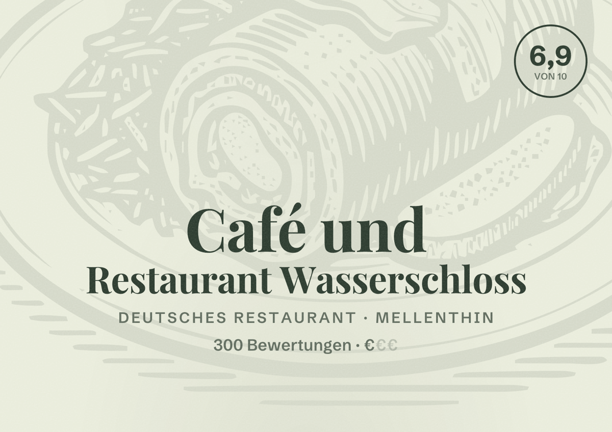 Illustriertes Poster von Café und Restaurant Wasserschloss, Deutsches Restaurant in Mellenthin: Bewertung 6,9 von 10 aus 300 Bewertungen, Preisniveau €