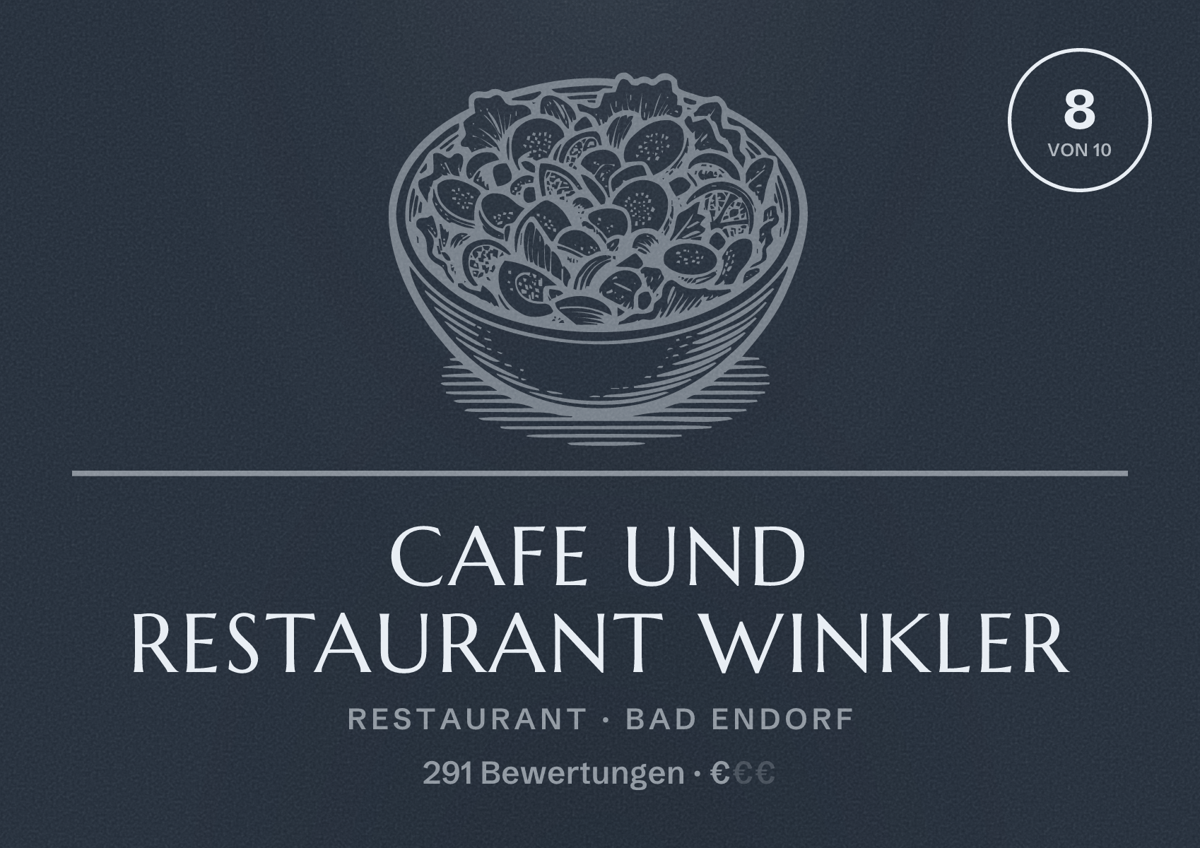 Illustriertes Poster von Cafe und Restaurant Winkler, Restaurant in Bad Endorf: Bewertung 8 von 10 aus 291 Bewertungen, Preisniveau €