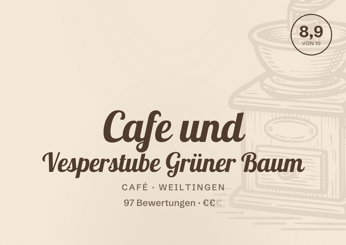 Illustriertes Poster von Cafe und Vesperstube Grüner Baum, Café in Weiltingen: Bewertung 8,9 von 10 aus 97 Bewertungen, Preisniveau €€