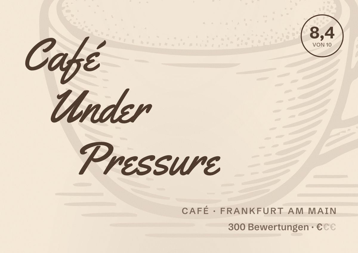 Illustriertes Poster von Café Under Pressure, Café in Frankfurt am Main: Bewertung 8,4 von 10 aus 300 Bewertungen, Preisniveau €