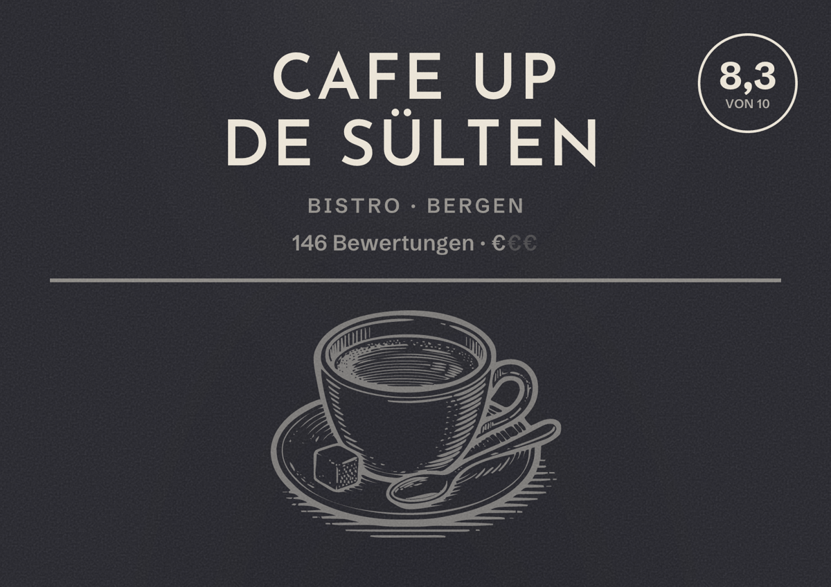 Illustriertes Poster von Cafe Up de Sülten, Bistro in Bergen: Bewertung 8,3 von 10 aus 146 Bewertungen, Preisniveau €