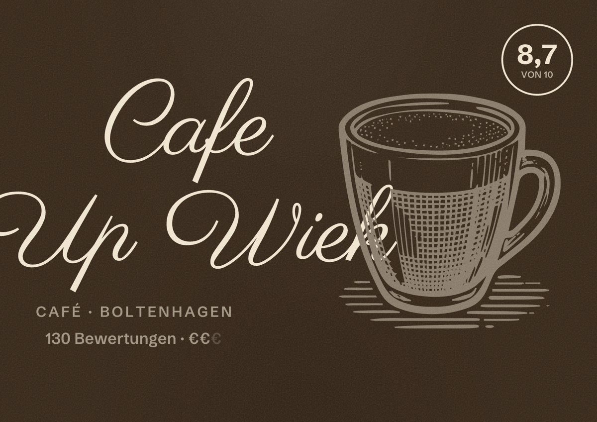 Illustriertes Poster von Cafe Up Wiek, Café in Boltenhagen: Bewertung 8,7 von 10 aus 130 Bewertungen, Preisniveau €€