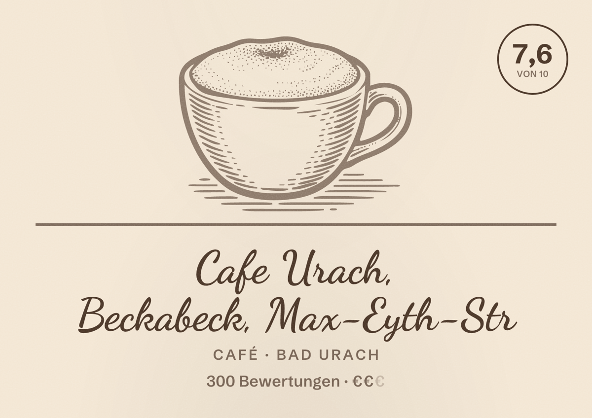 Illustriertes Poster von Cafe Urach, Beckabeck, Max-Eyth-Str, Café in Bad Urach: Bewertung 7,6 von 10 aus 300 Bewertungen, Preisniveau €€