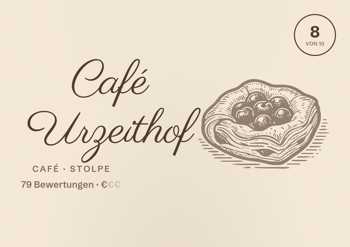 Illustriertes Poster von Café Urzeithof, Café in Stolpe: Bewertung 8 von 10 aus 79 Bewertungen, Preisniveau €
