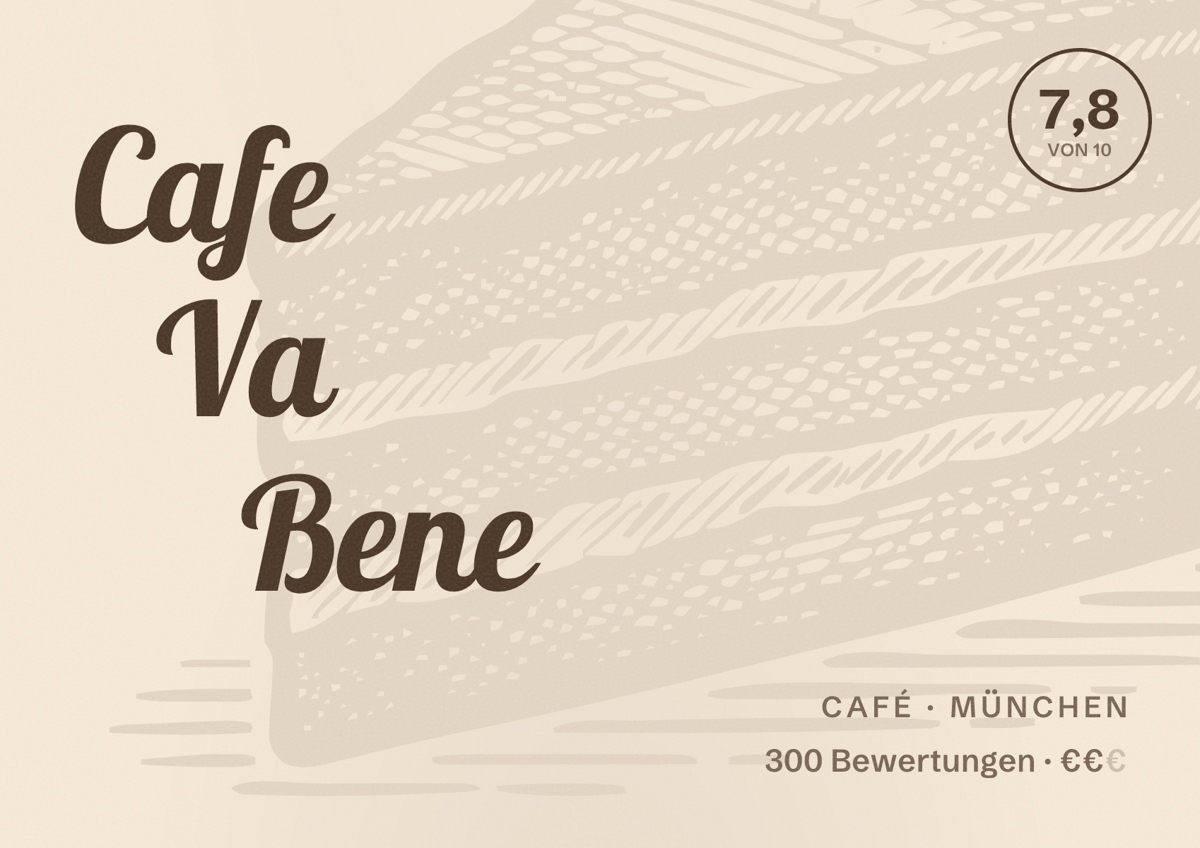 Illustriertes Poster von Cafe Va Bene, Café in München: Bewertung 7,8 von 10 aus 300 Bewertungen, Preisniveau €€