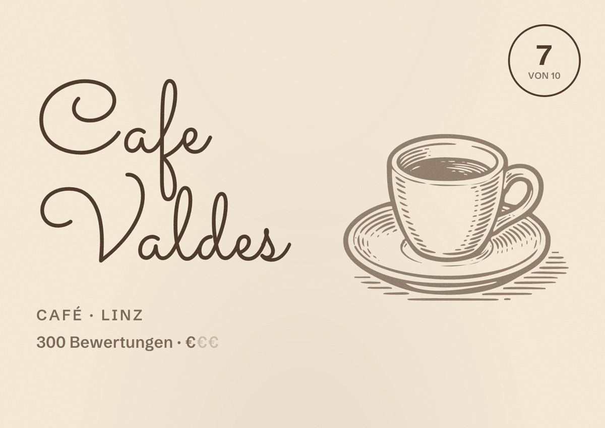 Illustriertes Poster von Cafe Valdes, Café in Linz: Bewertung 7 von 10 aus 300 Bewertungen, Preisniveau €