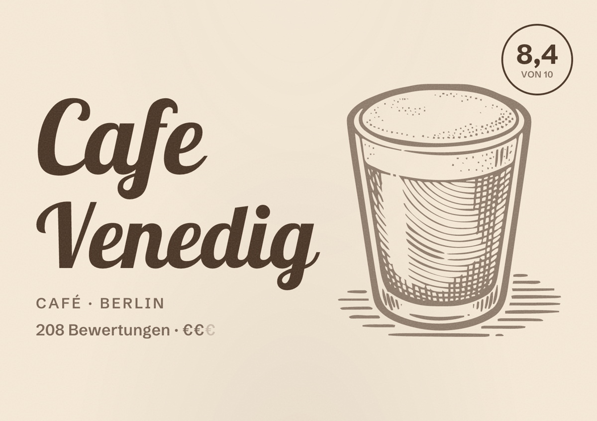 Illustriertes Poster von Cafe Venedig, Café in Berlin: Bewertung 8,4 von 10 aus 208 Bewertungen, Preisniveau €€