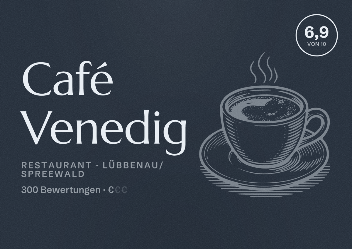 Illustriertes Poster von Café Venedig, Restaurant in Lübbenau/Spreewald: Bewertung 6,9 von 10 aus 300 Bewertungen, Preisniveau €
