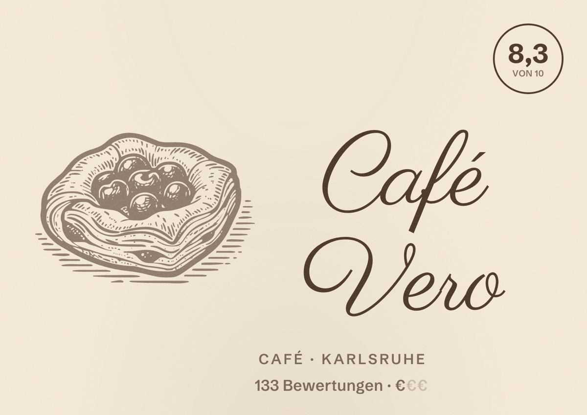 Illustriertes Poster von Café Vero, Café in Karlsruhe: Bewertung 8,3 von 10 aus 133 Bewertungen, Preisniveau €