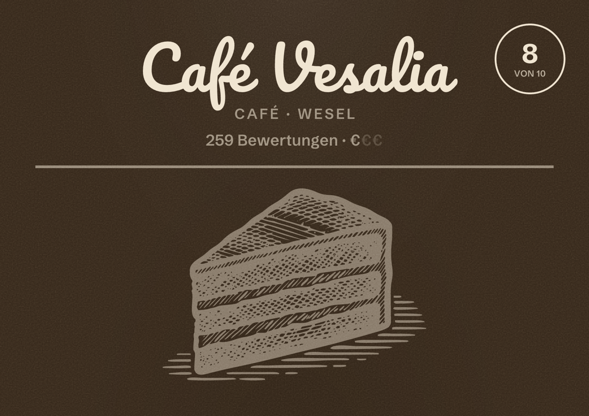 Illustriertes Poster von Café Vesalia, Café in Wesel: Bewertung 8 von 10 aus 259 Bewertungen, Preisniveau €
