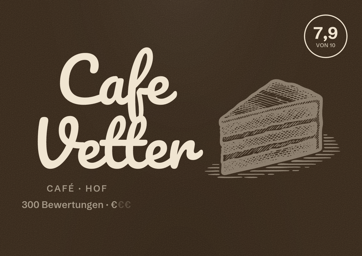 Illustriertes Poster von Cafe Vetter, Café in Hof: Bewertung 7,9 von 10 aus 300 Bewertungen, Preisniveau €