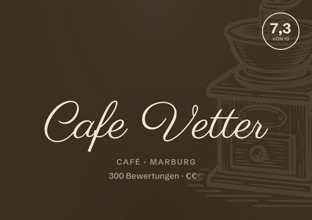 Illustriertes Poster von Cafe Vetter, Café in Marburg: Bewertung 7,3 von 10 aus 300 Bewertungen, Preisniveau €€