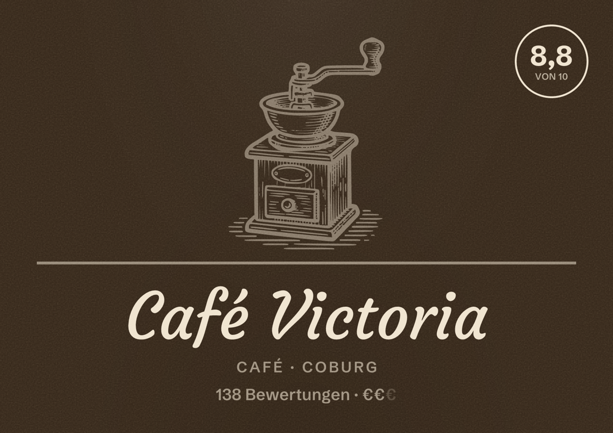 Illustriertes Poster von Café Victoria, Café in Coburg: Bewertung 8,8 von 10 aus 138 Bewertungen, Preisniveau €€