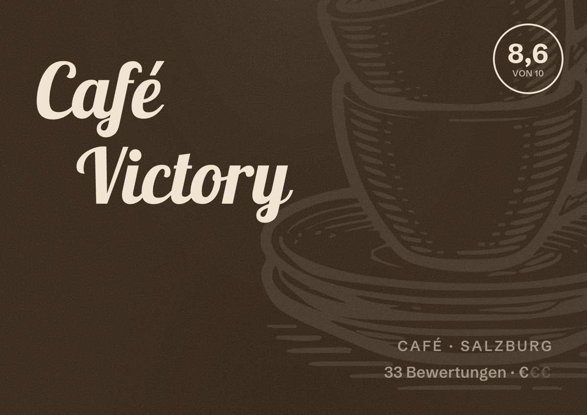Illustriertes Poster von Café Victory, Café in Salzburg: Bewertung 8,6 von 10 aus 33 Bewertungen, Preisniveau €